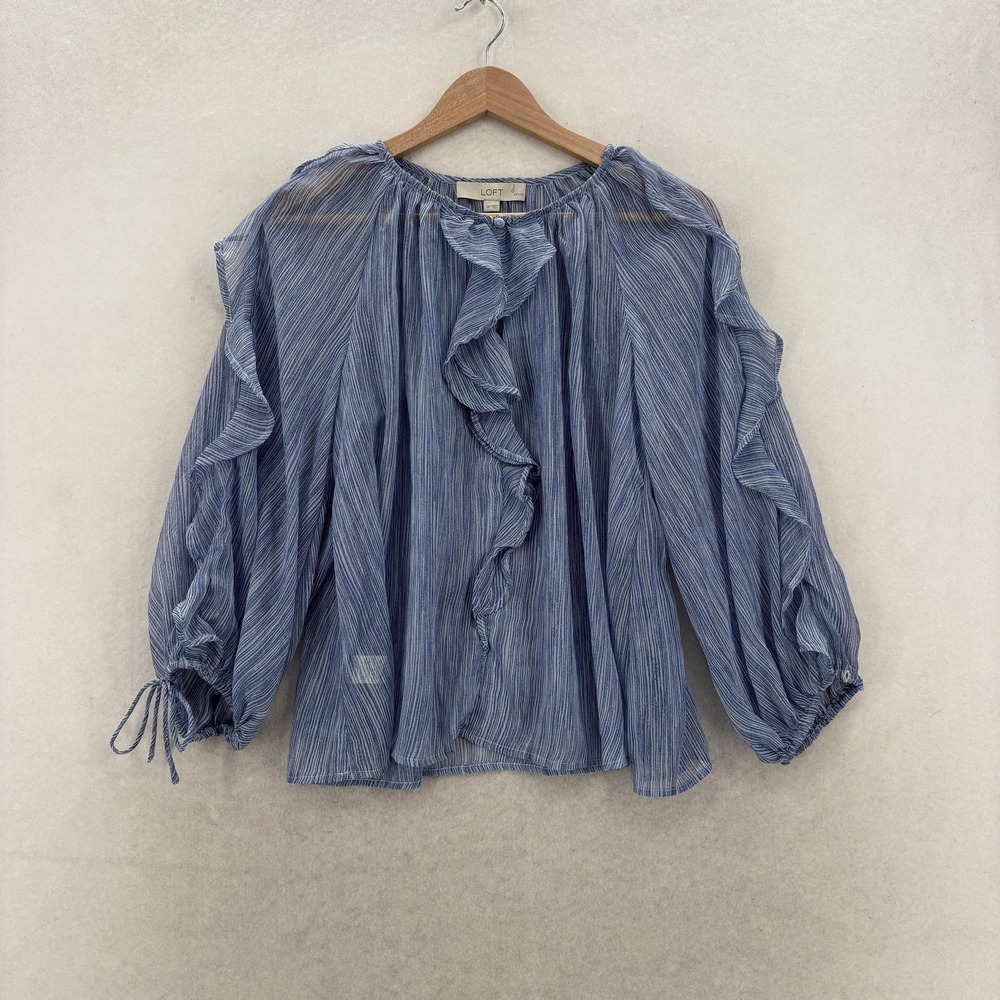 LOFT Blouse Womens Small Petite Blue Striped Ruffle Long Sleeve Sheer Tunic NWT